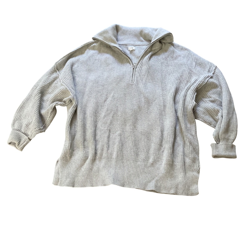 Aerie Womens Ribbed Quarter Zip Sweater Grey Oversized Balloon Sleeve Medium